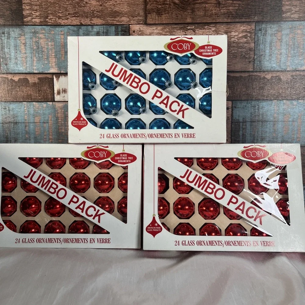 Vintage - 3 Jumbo‎ Boxes Of 24 Coby Christmas Tree Glass Ornaments Red & Blue